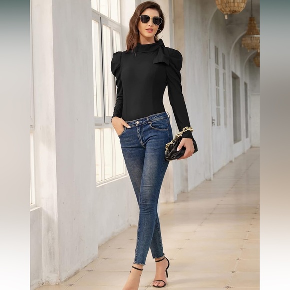 Women's Blouse Bow Tie Neck Puff Long Sleeve Top - Picture 4 of 5